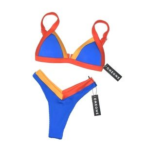 ONEONE Kameron Triangle Bikini Top and Bottoms in Color Block, medium/small